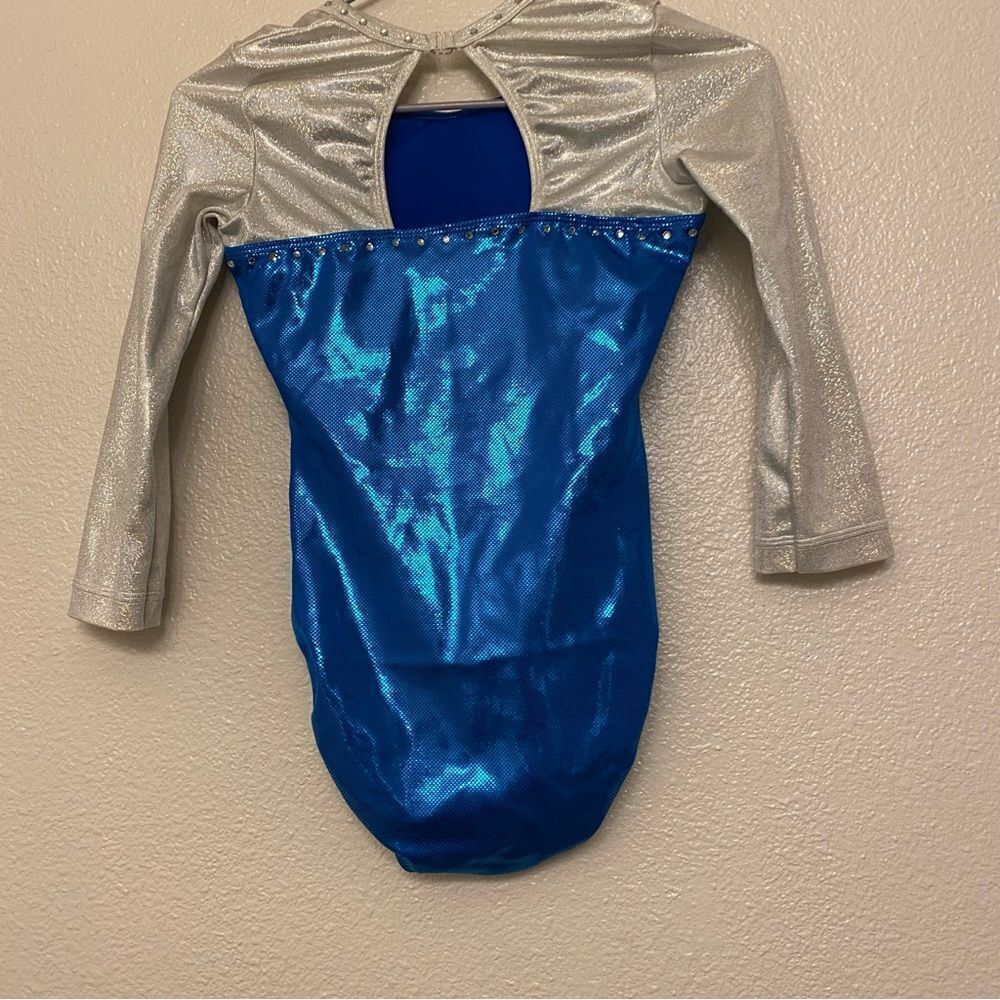 GK elite gymnastic competition leotard 3/4 long sleeve blue silver rhinestone SA - Picture 3 of 12